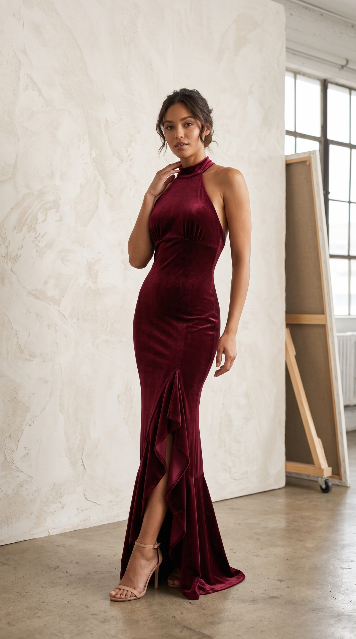 Burgundy Velvet Halter Gown