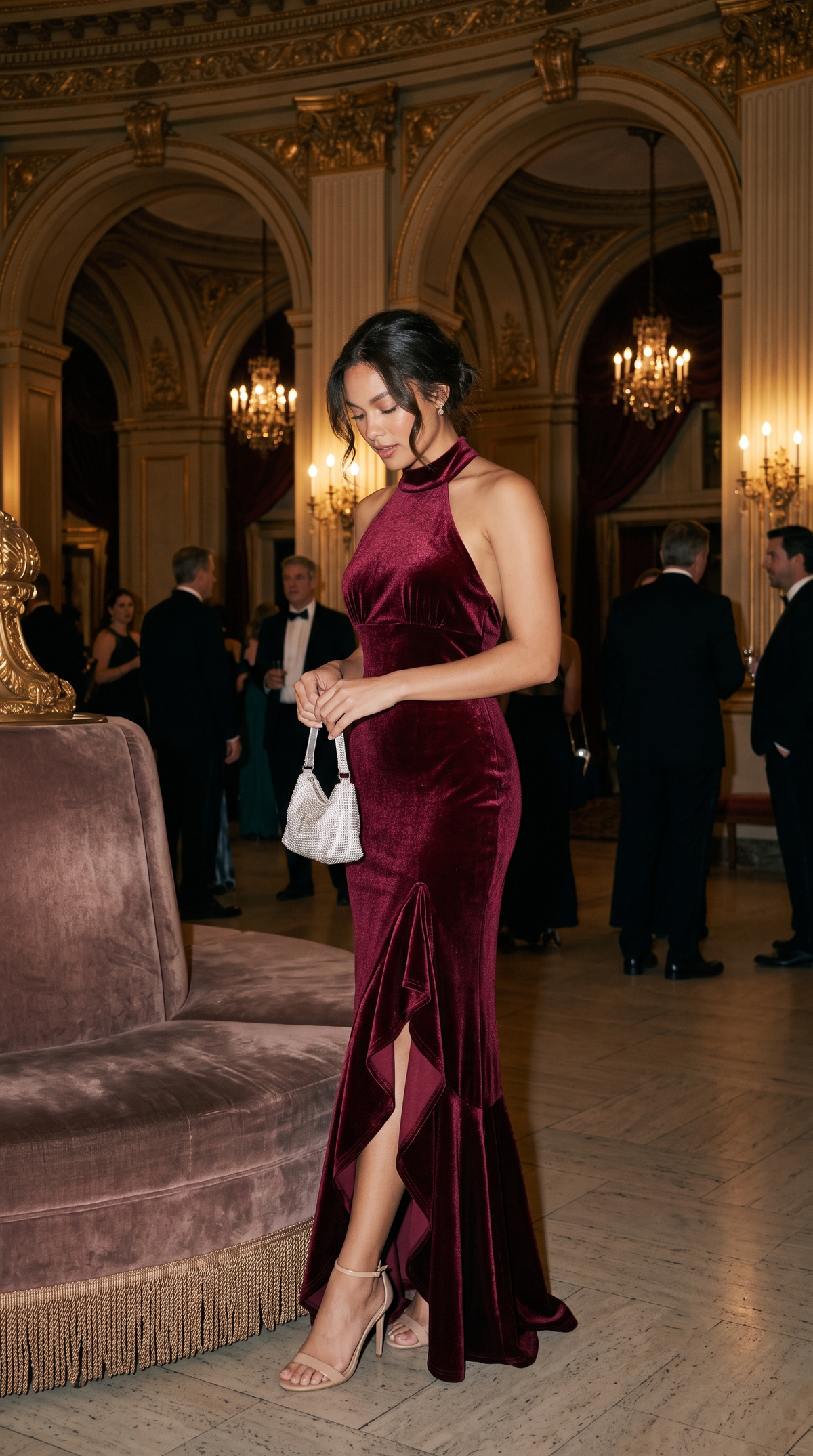 Burgundy Velvet Halter Gown