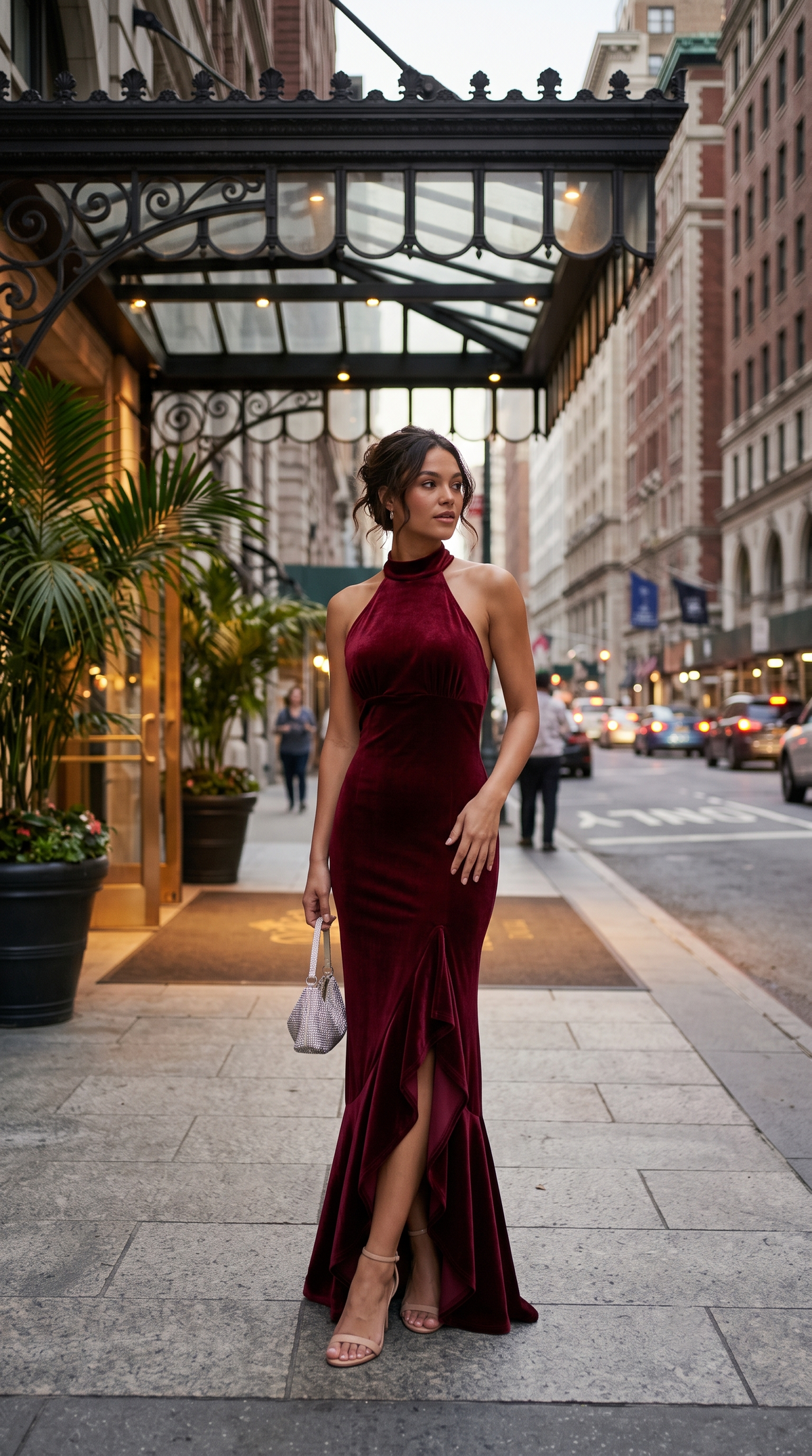 Burgundy Velvet Halter Gown