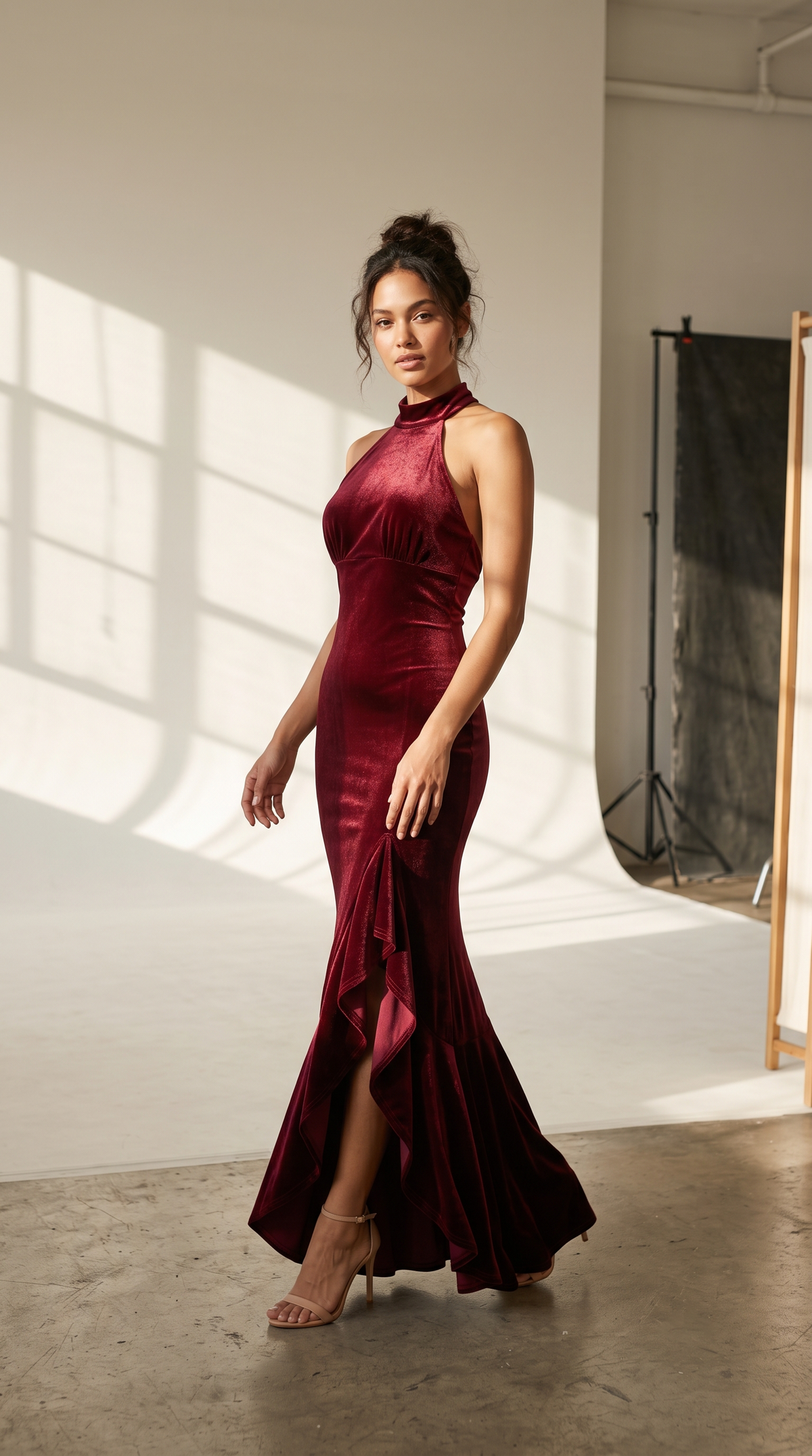 Burgundy Velvet Halter Gown