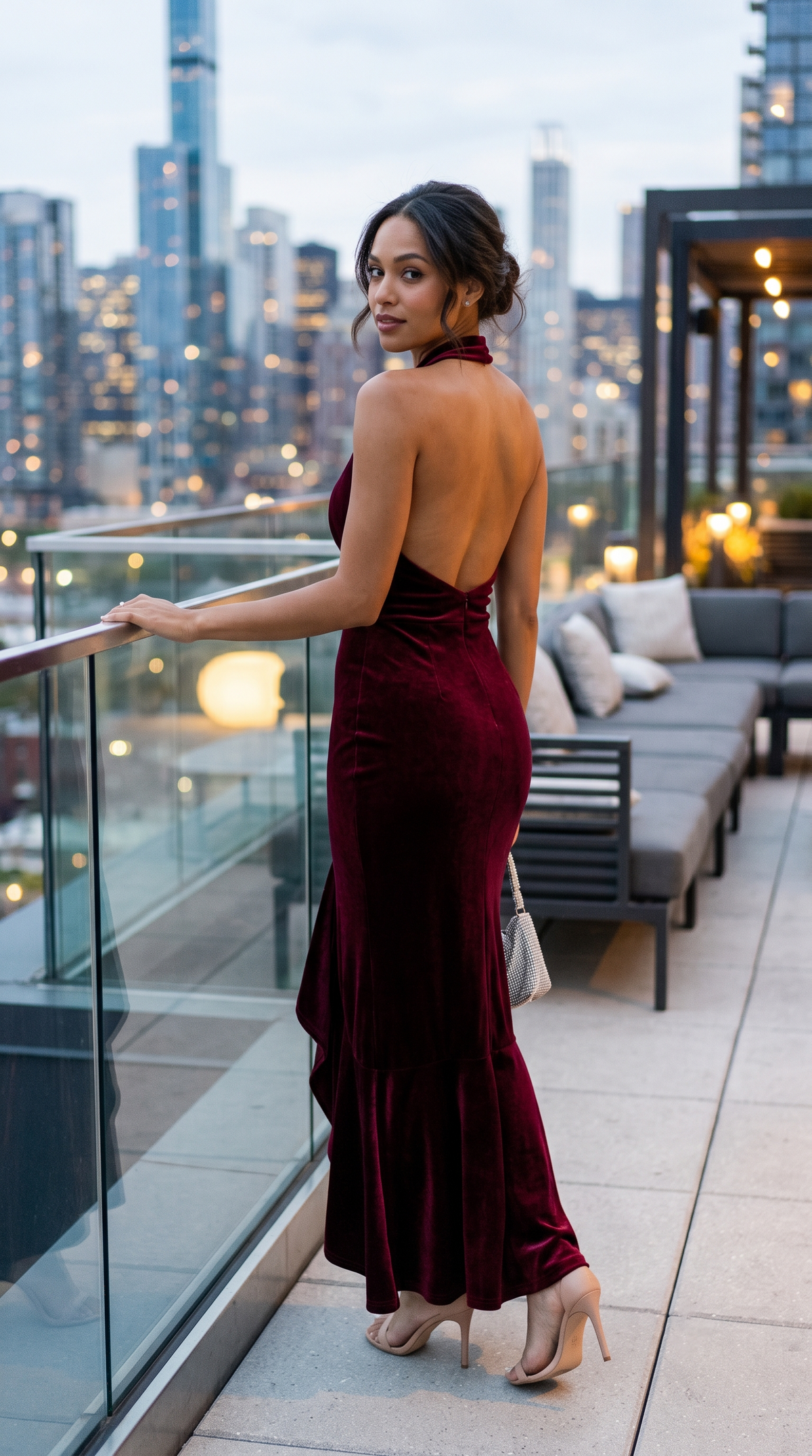 Burgundy Velvet Halter Gown